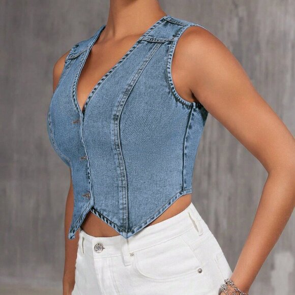 Blue Casual Women's Front Button V-Neck Solid Color Denim Vest Top - Picture 6 of 6